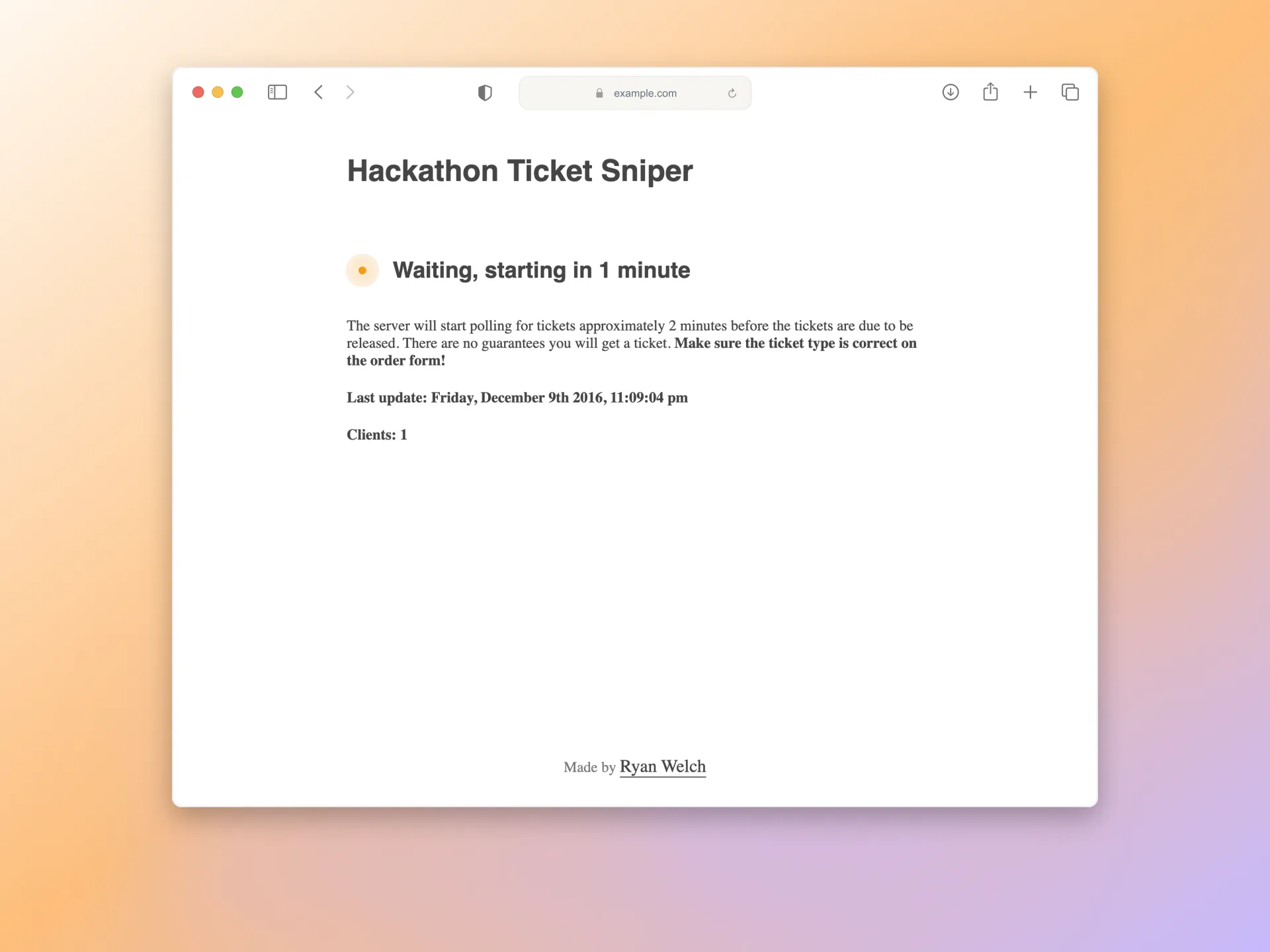 Web interface of the ticket sniper