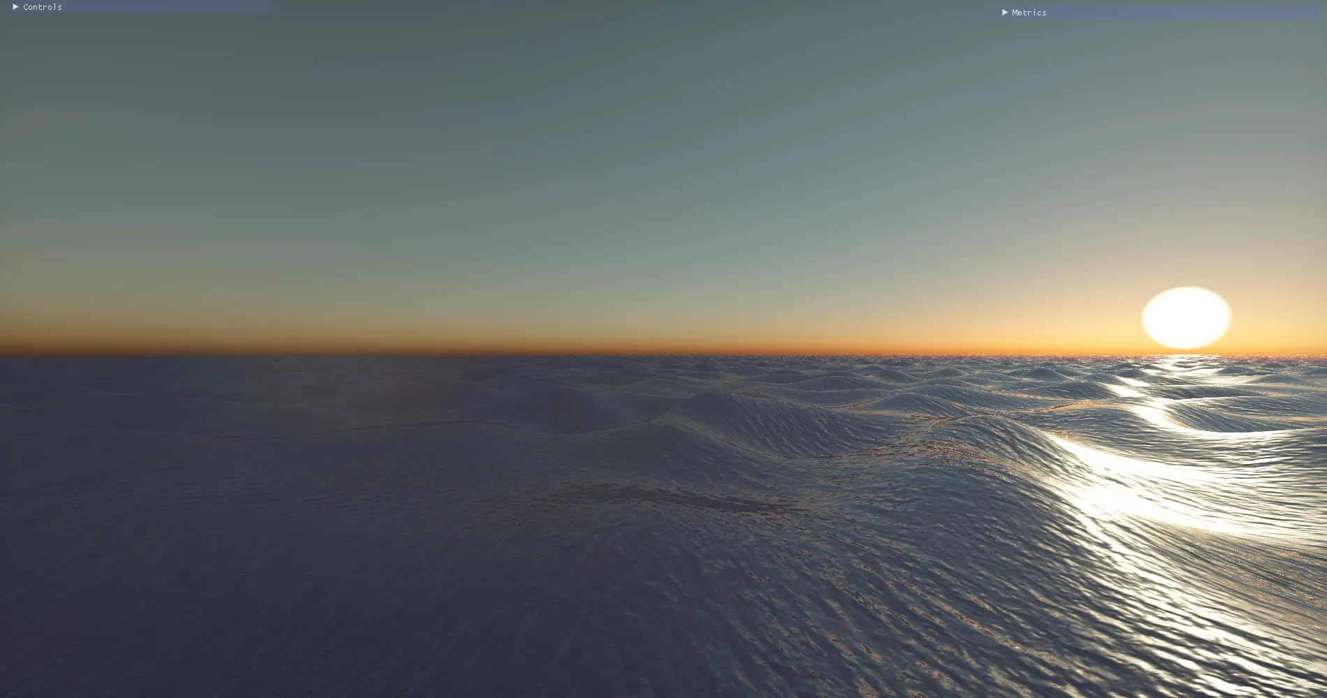 Screen space reflections on the ocean surface. Reflections make a huge impact on the water surface and scene. The reflections use the procedural sky function instead of ray tracing into the visible scene as in standard SSR.